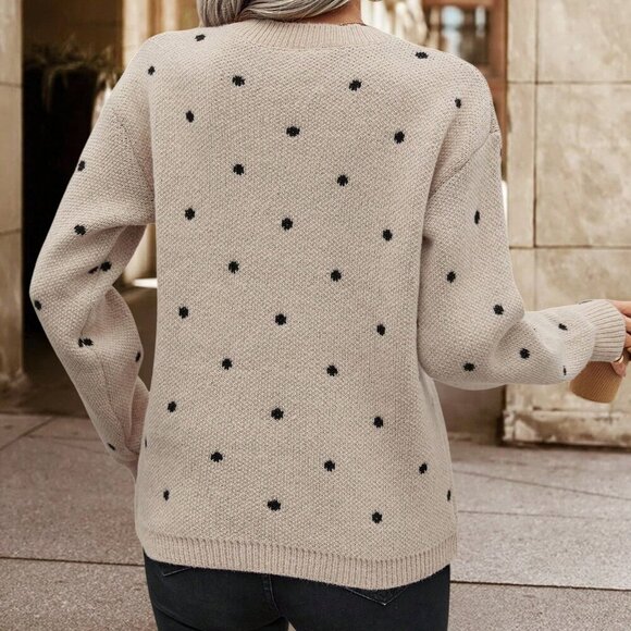 Khaki Casual Women's Polka Dot Pattern Drop Shoulder knit Sweater top - Picture 2 of 6